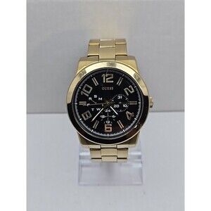 Mens Guess Steel Gold Tone 44mm Day Date Watch 100M Quartz New Battery Classic